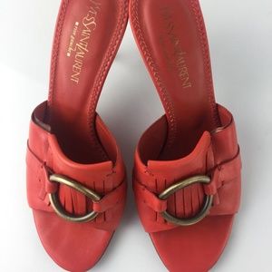Saint Laurent Red Leather Slide Heels Sandals.